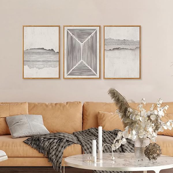 CHDITB Abstract Modern Framed Canvas Wall Art Set, Geometric Line Textured Wall Decor, Minimalist Neutral Wall Painting, Beige Black Art Prints for Living Room, Bedroom, Office - Large Size 16"x24"x3