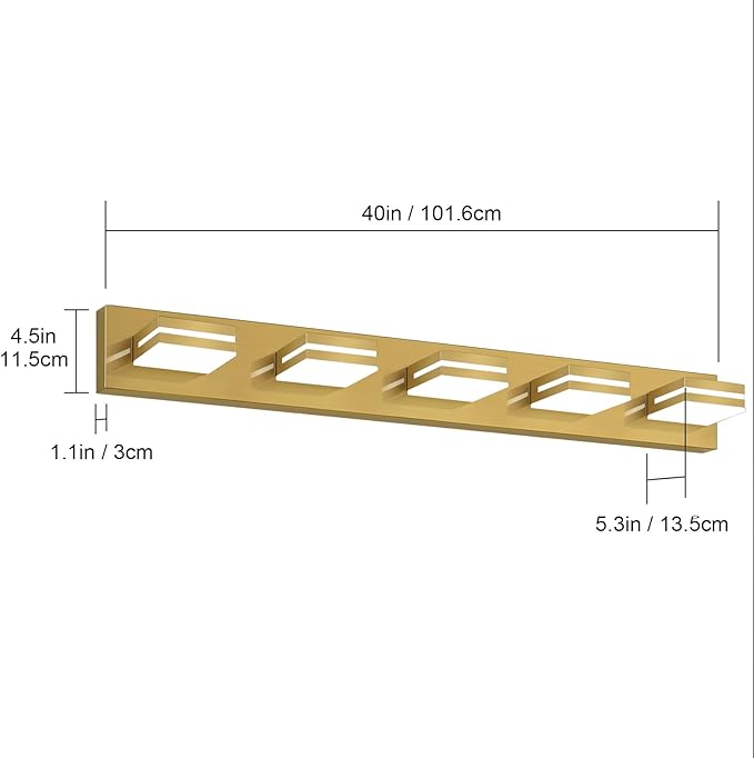 SineRise LED Modern Bathroom Vanity Light Fixtures (5-Light, 40-Inch, Dimmable), Brass Modern Acrylic Bathroom Wall Lighting Fixtures Over Mirror (Cool White 6000K)