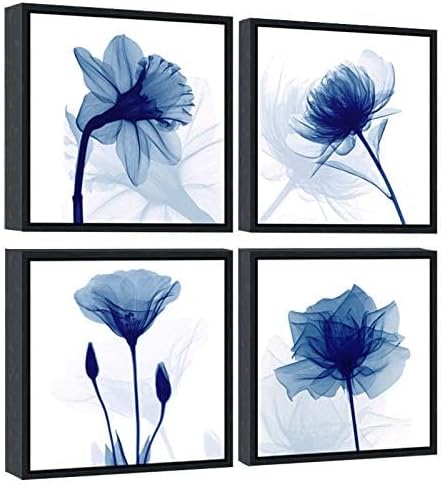 Pyradecor Black Framed Wall Art Blue Flickering Flower Modern Paintings Canvas Artwork 4 Panels Grace Floral Pictures on Canvas Prints for Bedroom Office Home Decorations