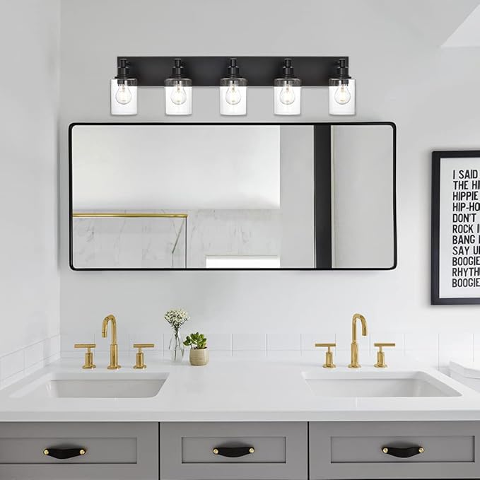 Black Bathroom Light Fixtures Over Mirror, Modern 5-Lights Wall Sconce Lighting with Clear Glass Shade for Vanity Living Room (E26 Bulb Base)