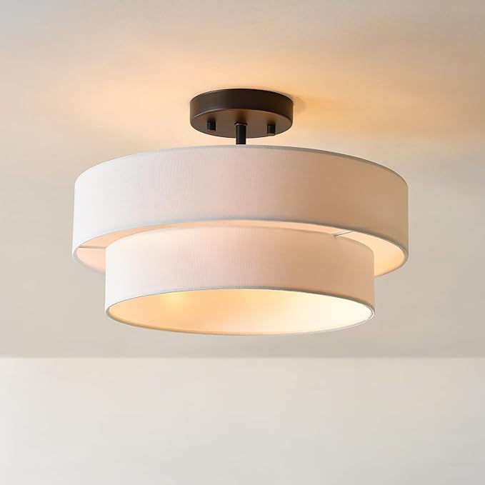 GLOBE Electric 66000138 2-Light Semi-Flush Mount Ceiling Light, Matte Black, 2-Tier, White Linen Shade, Home Improvement, Dining Room, Kitchen