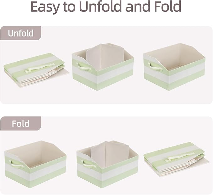 Linen Closet Organizers and Storage, Trapezoid Fabric Bins, Home Office Organization Baskets Striped Collapsible Box with Handles for Clothes, Blanket, Books, DVD, 4 Pack, Green/White