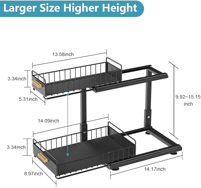 Under Sink Organizer Kitchen, 2 Tier Under Sink Organizers and Storage, Pull out Cabinet Organizer Shelf, Metal Drawer for Kitchen Bathroom Pantry Cabinet Closet Organization Rack, Black, 1 Pack