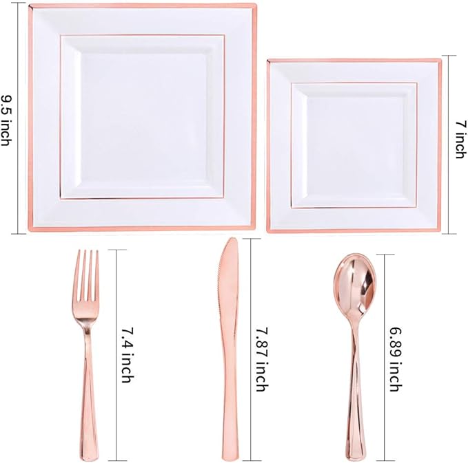 WDF 125pcs Rose Gold Plates with Disposable Silverware - Plastic Plates Dinnerware Include 25Dinner Plates,25 Salad Plates,25 Forks,25 Knives,25 Spoons for Wedding, Party