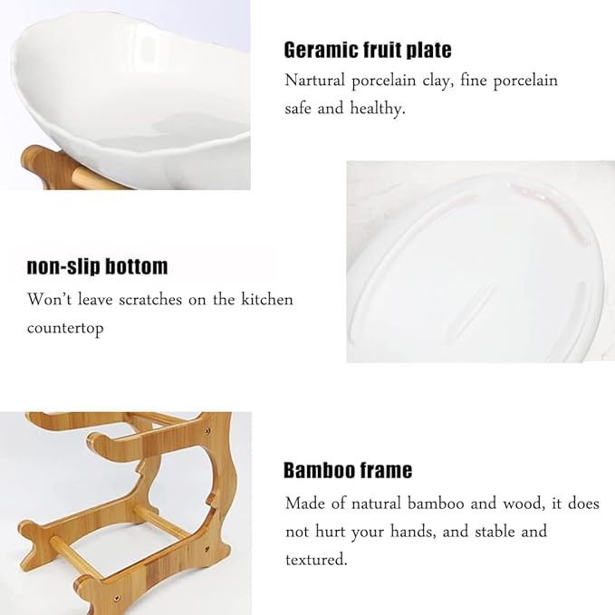 2 Tier Ceramic Fruit Bowl With Bamboo Wood Stand for Kitchen Counter,Porcelain Fruit Basket for Vegetable Storage,Snack Dessert Cake Tray Plate Rack for Party Wedding - White