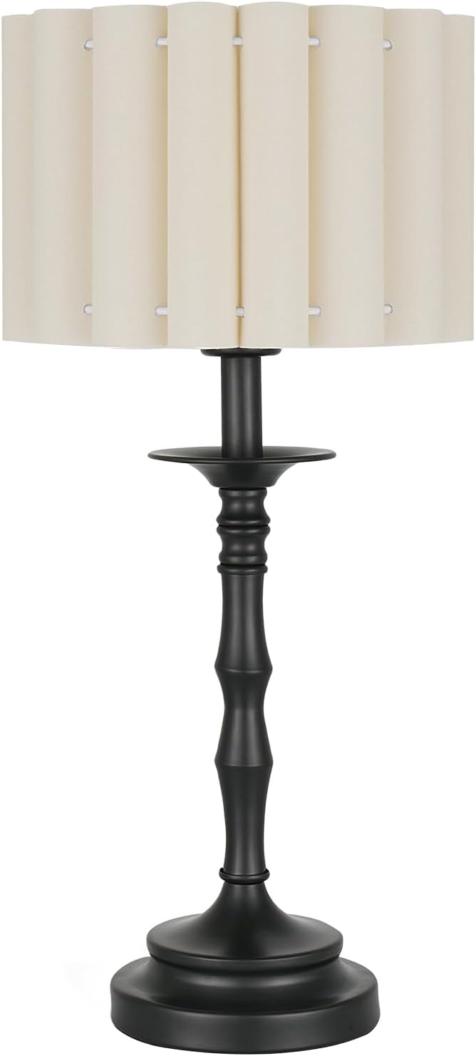 Vintage Black Scalloped Table Lamp, Rustic/Farmhouse Pleated Lamp, Scalloped Lampshade and Bamboo Lamp Post, for Living Room Bedside Side Table