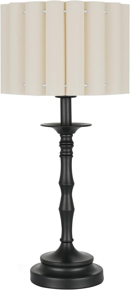 Vintage Black Scalloped Table Lamp, Rustic/Farmhouse Pleated Lamp, Scalloped Lampshade and Bamboo Lamp Post, for Living Room Bedside Side Table