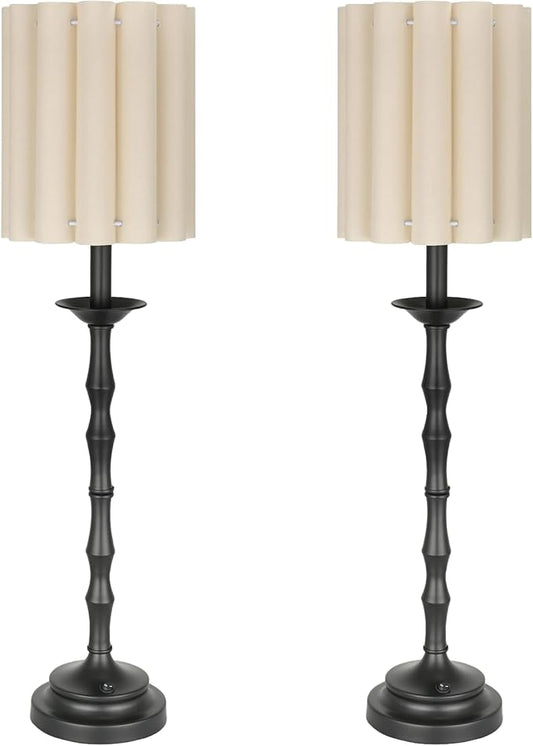 Vintage Black 28.9'' Tall Scalloped Table Lamp Pack of 2, Rustic/Farmhouse Buffet Lamp, Bamboo Lamp Joint Base, for Living Room Bedside Side Table