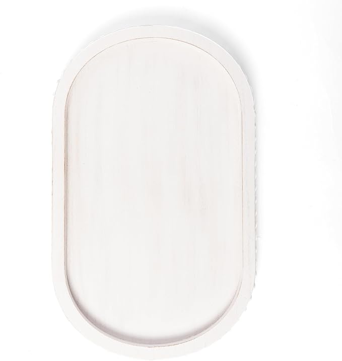 HPC Decor 15in Oval Wooden Tray - White Beaded Serving Tray, Rustic Farmhouse Vintage Centerpiece, Kitchen & Living Room Decor