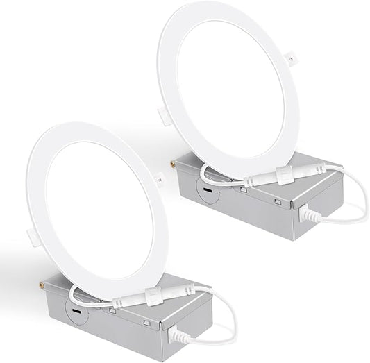 2 Pack 6 Inch Ultra-Thin LED Recessed Ceiling Light with Junction Box, 5000K Daylight, 12W 110W Eqv, Dimmable Canless LED Recessed Light, 1050LM High Brightness Wafer Downlight- ETL&FCC Certified