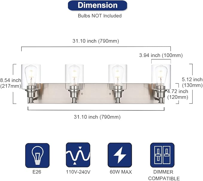 Bathroom Vanity Light Fixtures, 4-Lights Modern Brushed Nickel Wall Mounted Lamp with Clear Glass Shade for Bedroom Over Mirror