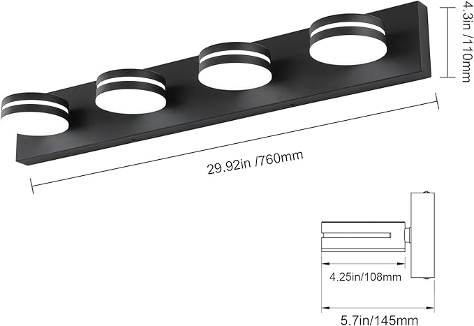 4-Light Bathroom Vanity Light, Matte Black Bathroom Light Fixtures Over Mirror,LED Vanity Lights with 360°Rotating Lamp Head(32in)