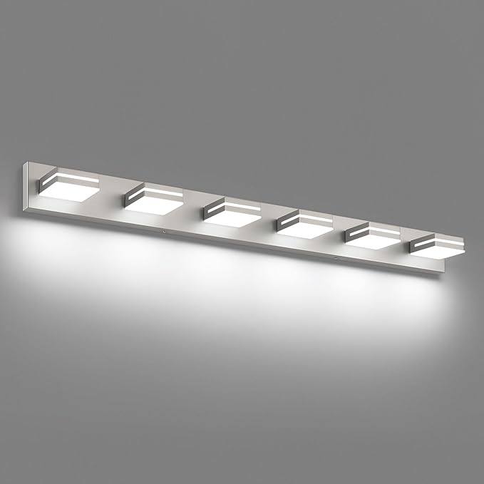 SineRise LED Modern Bathroom Vanity Light Fixtures (6-Light, 48-Inch), Brushed Nickel Modern Acrylic Bathroom Wall Lighting Fixtures Over Mirror (Cool White 6000K)