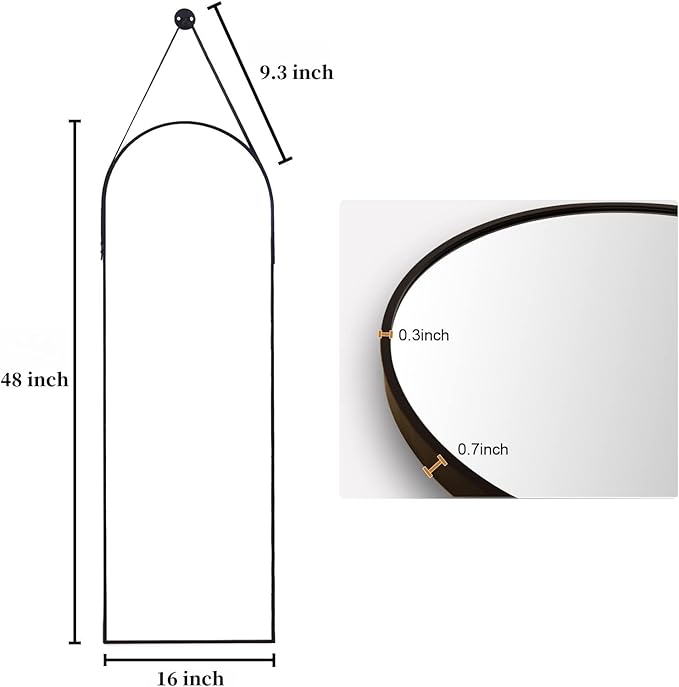 16"x48" Hanging Mirror with Leather Strap,Arched Full Length Mirror with Aluminum Frame Wall-Mounted Hanging Mirrors for Bathroom Vanity Living Room Bedroom Entryway Décor, Black