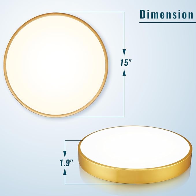 Gold LED Flush Mount Ceiling Light Fixture, 15 inch, 36W, Dimmable, Modern Kitchen, Bedroom, Bathroom, Living Room Lighting