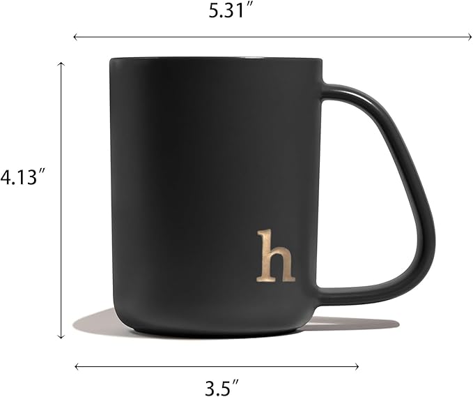 COLLECTIVE HOME - Ergonomic Handle Ceramic Mug, 15 oz Personalized Coffee Cup with Golden Initial, Microwave & Dishwasher Safe, Elegant Monogram Tea Mug in Gift Box for Home & Office (Black-h)