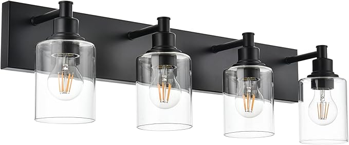 4-Lights Bathroom Vanity Light Fixtures, Black Modern Wall Lighting Over Mirror with Clear Glass Shade (E26 Bulb Base)