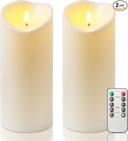 Homemory 4"x9" Outdoor Waterproof Flameless Candles with Timers and Remote Control, Battery Operated Candles, LED Plastic Candles, Ivory White, Set of 2