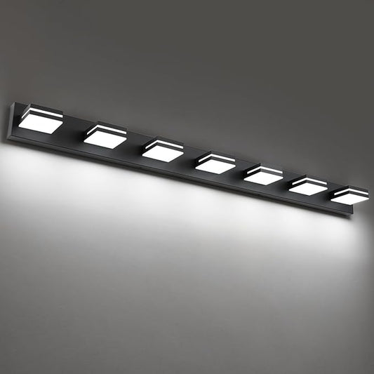 SineRise LED Modern Bathroom Vanity Light Fixtures (7-Light, 55-Inch), Matte Black Modern Acrylic Bathroom Wall Lighting Fixtures Over Mirror (Cool White 6000K)