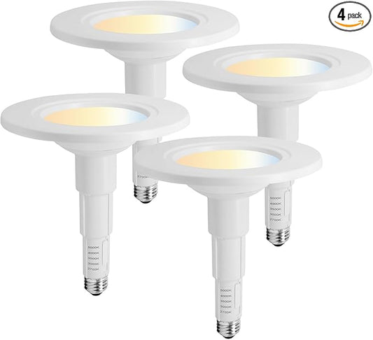 Jolux 5/6 Inch 5CCT Retrofit LED Recessed Lighting 4 Pack, Adjustable 5CCT 2700K-5000K, LED Replacement Can Lights,Dimmable,12=60W, E26 Base, Flat Trim,Easy Retrofit Downlight Installation.