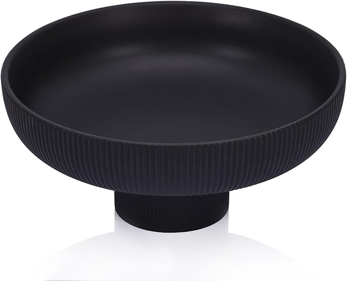 Modern Large Black Decorative Bowl - Ribbed Black Fluted Pedestal Bowl , Multi-Functional Fruit Bowl, Key Bowl, Candy Dish, Ideal for Entryway Table, Kitchen Counter, Living Room, Coffee Table Decor