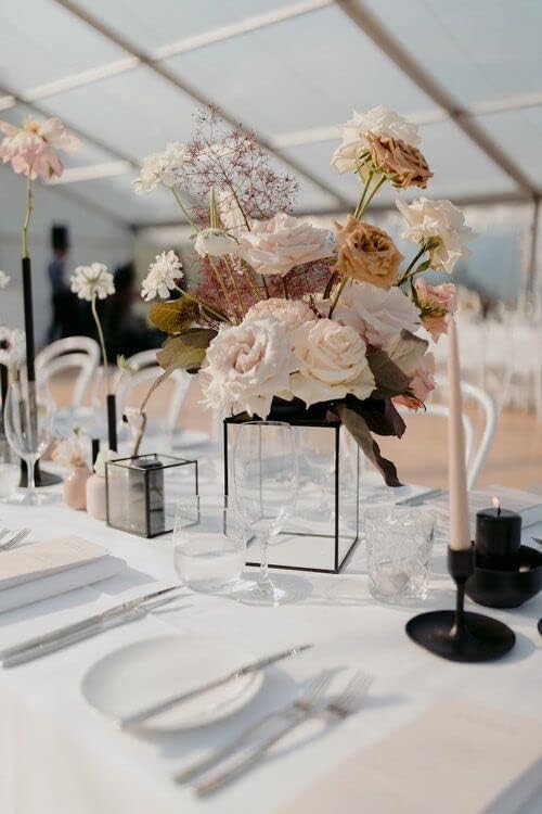 Set of 3 Square Glass Hurricane Candle Holders, Clear Glass Framed in Black-Finish Brass, Great for Home Decor and Wedding,Holiday Decor.