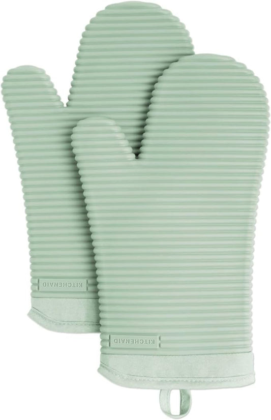 KITCHENAID Ribbed Soft Silicone Oven Mitt 2-Pack Set, 7.5"x13", Pistachio