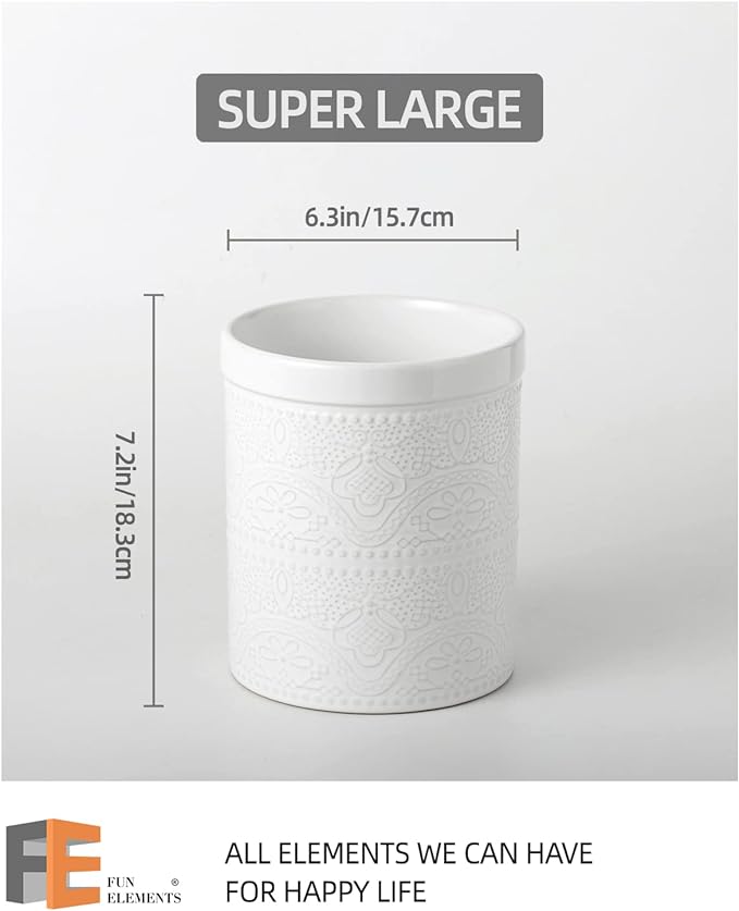 FUN ELEMENTS Kitchen Utensil Holder, 7.2" Super Large Utensil Crock Heavy and Stable Lace Emboss Ceramic Utensil Holder for Kitchen Counter (Bright White)