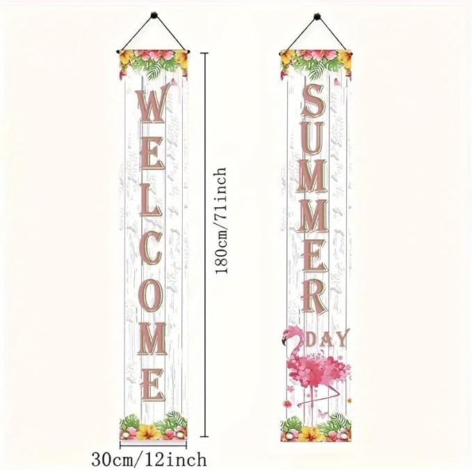 2pcs Welcome Summer Door Banner Hawaiian Flamingo Porch Banners Sign Sunshine Hibiscus Floral Front Door Hanging Decor Banner for Seasonal Home Hawaii Tropical Party Outdoor Decorations