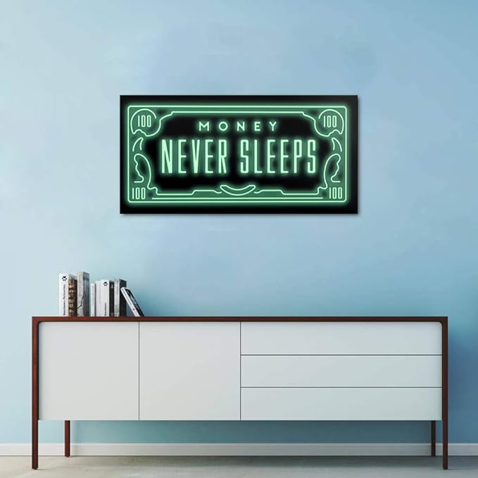 Framed Inspirational Office Wall Art, Money Posters Green 100 Dollar Artwork Money Never Sleeps Quote Wall Decor Motivational Picture for Modern Home Workplace Decorations - 32 x 16 in