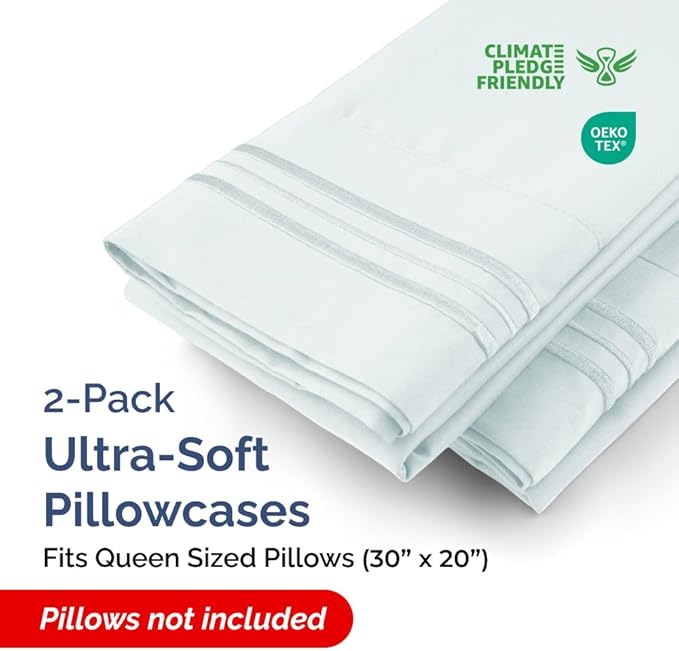 Queen Pillow Cases Set of 2 - Ultra Soft Hotel Quality Pillowcase Covers - Comfy, Cozy & Wrinkle Free - Shrinkage, Stain & Fade Resistant - Machine Washable Pillow Protectors - 2 Piece Set - Ice Blue