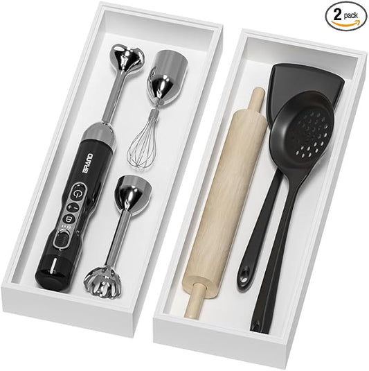 Bamboo Drawer Organizer, Extra Large Silverware Organizer for Kitchen Drawer, Stackable Utensil Organizer, 2 Pcs Toilet Tank Topper Tray, Wooden Toilet Paper Basket (White, 17 X 6 X 2 Inch)