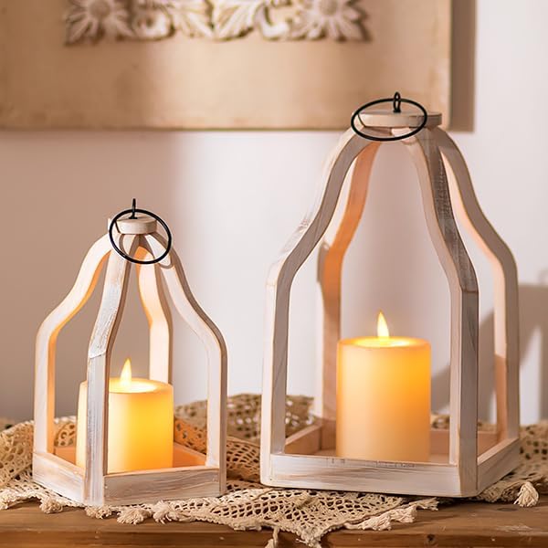 Romadedi Farmhouse Decorative Lantern Wooden - Set of 2 Rustic Wood Lanterns Candle Holder for Wedding Table Centerpieces Indoor Outdoor Fireplace Mantle Home Decor, Whitewashed