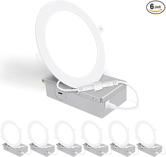6 Inch Ultra-Thin LED Recessed Lighting with Junction Box, 5000K Daylight Canless Wafer Downlight, 12W=110W Eqv, Dimmable LED Ceiling Lights, 900LM, ETL Certified, 6 Pack