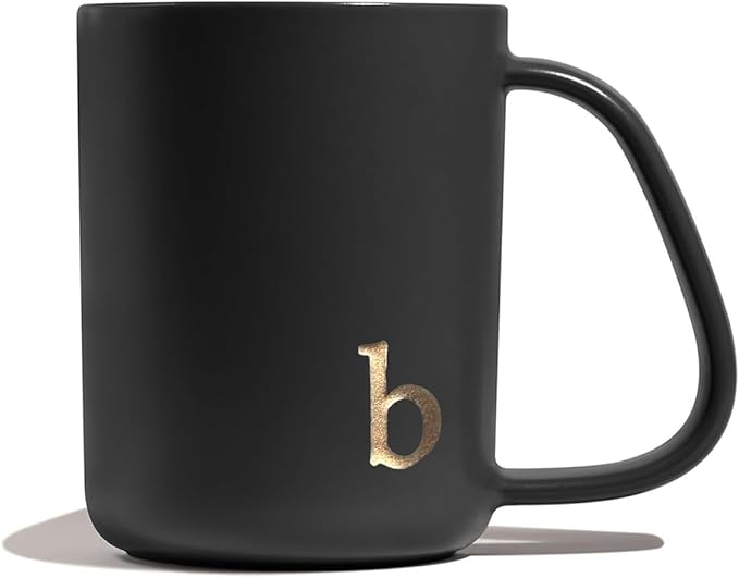 COLLECTIVE HOME - Ergonomic Handle Ceramic Mug, 15 oz Personalized Coffee Cup with Golden Initial, Microwave & Dishwasher Safe, Elegant Monogram Tea Mug in Gift Box for Home & Office (Black-b)