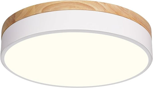 Dimmable Modern Wood Ceiling Light, White LED 5CCT 2700K-6000K Flush Mount Ceiling Lighting Fixture, Round Light Fixtures for Kitchen Entryway Hallway Bedroom Laundry Room-11.8in