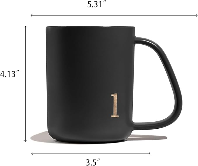 COLLECTIVE HOME - Ergonomic Handle Ceramic Mug, 15 oz Personalized Coffee Cup with Golden Initial, Microwave & Dishwasher Safe, Elegant Monogram Tea Mug in Gift Box for Home & Office (Black-l)