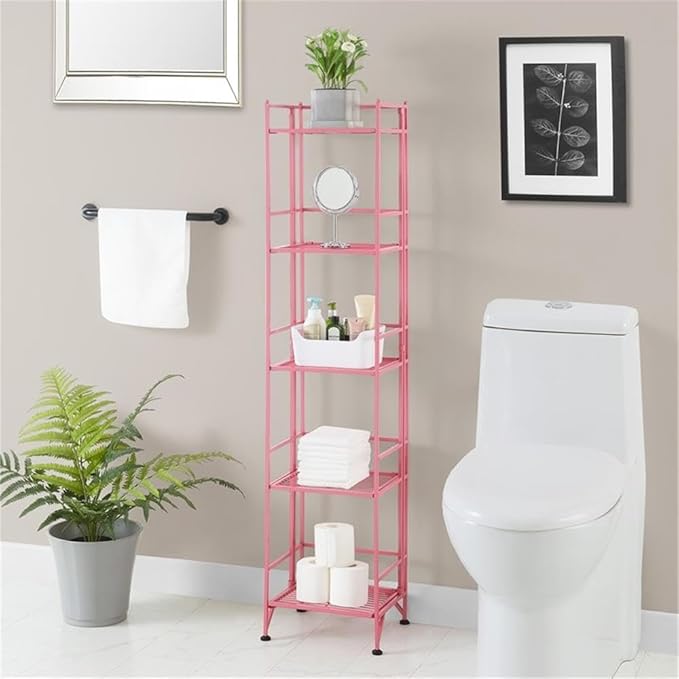 Convenience Concepts Xtra Storage Shelves - 5-Tier Folding Metal Storage Shelves, Closet Organizer for Office, Laundry Room, Bedroom, Garage, Kitchen, Bathroom, Pink