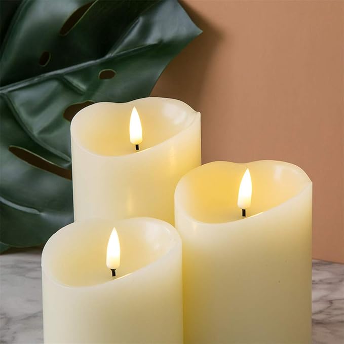 Eywamage Ivory Flameless Pillar Candles with Remote, Flickering Realistic LED Battery Wax Candles Set of 3, Φ 3" H 4" 5" 6"