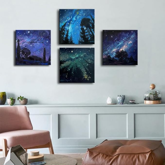 Blue Starry Night Canvas Wall Art Forest Tree Paintings Decor Abstract Nature Landscape Artwork Poster Prints Colorful Space Northern Lights Pictures Decoration for Bedroom Living Room Bathroom Office