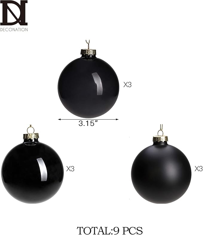 DN DECONATION Black Glass Christmas Ball Ornaments, Set of 9, 3' Hanging Christmas Baubles for Xmas Tree Decoration, Gothic, Halloween, DIY Gift