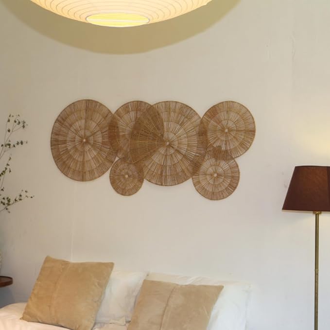 21.6 inch Wicker Wall Decor Set – Boho Wall Basket Decor with Jute Rope, Large Circle Wall Baskets, Natural Woven Wall Art for Living Room Bedroom, Decorative Seagrass Wall Hanging