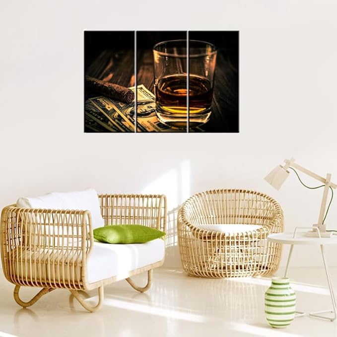 Cigar and Wine Wall Art for Bar, PIY Whiskey Picture Canvas Painting Prints Artwork (Waterproof Home Decor, Bracket Mounted Ready to Hang, 24x36 Large)