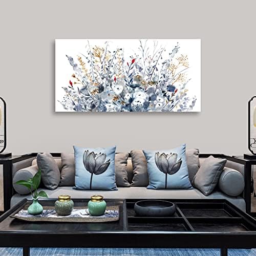 Flowers Canvas Wall Art for Living Room Wall Decor Indigo Floral Canvas Painting Watercolor Plants Pictures Vintage Botanical Flower Canvas Artwork for Bedroom Office Home Wall Decorations 29" x 58"