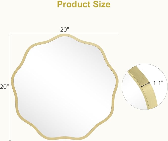 WallBeyond Round Wavy Mirror for Wall Decorative 20 inch, Modern Round Mirror Aluminum Frame for Bathroom Bedroom Living Room Home House Office Entryway, Gold