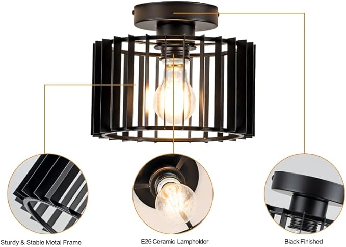 Ceiling Light Fixture Industrial Black Iron Cage Flush Mount, 9 - inch Diameter, Hallway Light Fixtures Modern Ceiling Lights for hallways Eentryway Bathroom Bedroom Kitchen