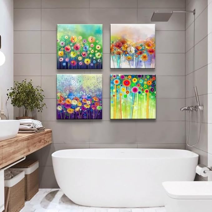 Flowers Bathroom Decor Canvas Wall Art, Colorful Floral Artwork Painting Prints Modern Pictures Framed for Bedroom Office Living Room Decorations - 12"x12"x4 panel