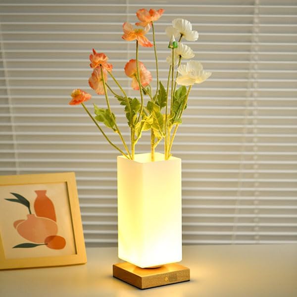 Vase Table Lamp Rechargeable Touch Lamp Dimmable 3 Colors Flower Lamp Bedside Lamp Frosted Glass Shade with Wood Base