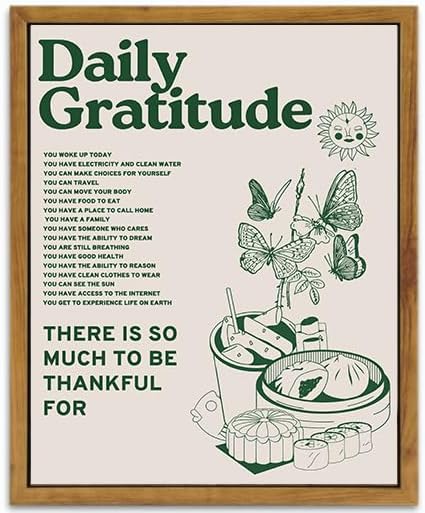 Framed Retro Poster for Room Aesthetic, Vintage Green Inspirational Quotes Canvas Wall Art, Daily Gratitude Posters for Room Aesthetic, Cute Sunflower Butterfly Retro Wall Decor for Bedroom,