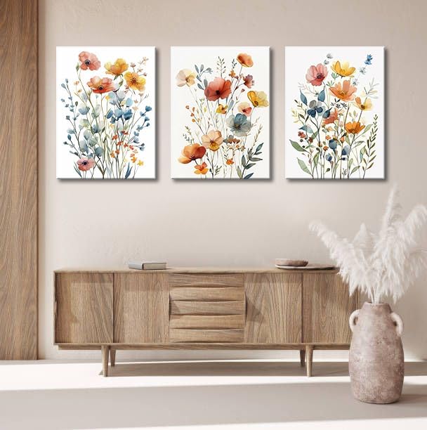 Watercolor Flower Wall Art for Living Room Flower Pictures Wall Decor Orange Floral Canvas Art Colorful Wildflower Poster Prints for Bedroom Bathroom Home Decor 12"x16"x3pcs